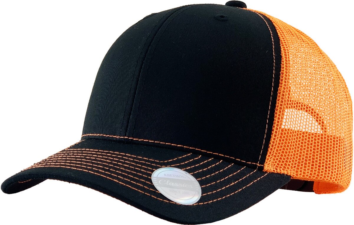Black Neon Orange Two Tone Classic 6 Panel Trucker Mesh Snapback Front Side View